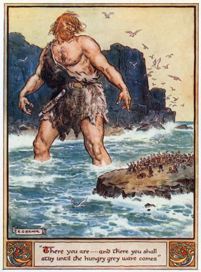 "Aí está você ... e lá ficará até que a onda cinzenta faminta venha", ilustração de "Os Heróis de Asgard, Contos da Mitologia Escandinava", de A und E Keary, 1930 de Charles Edmund Brock
